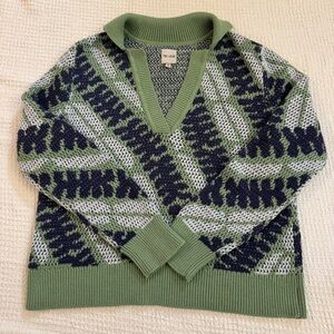 NIC+ZOE Womens Med Green Black Knit V-Neck Pullover Sweater Geometric Jacguard